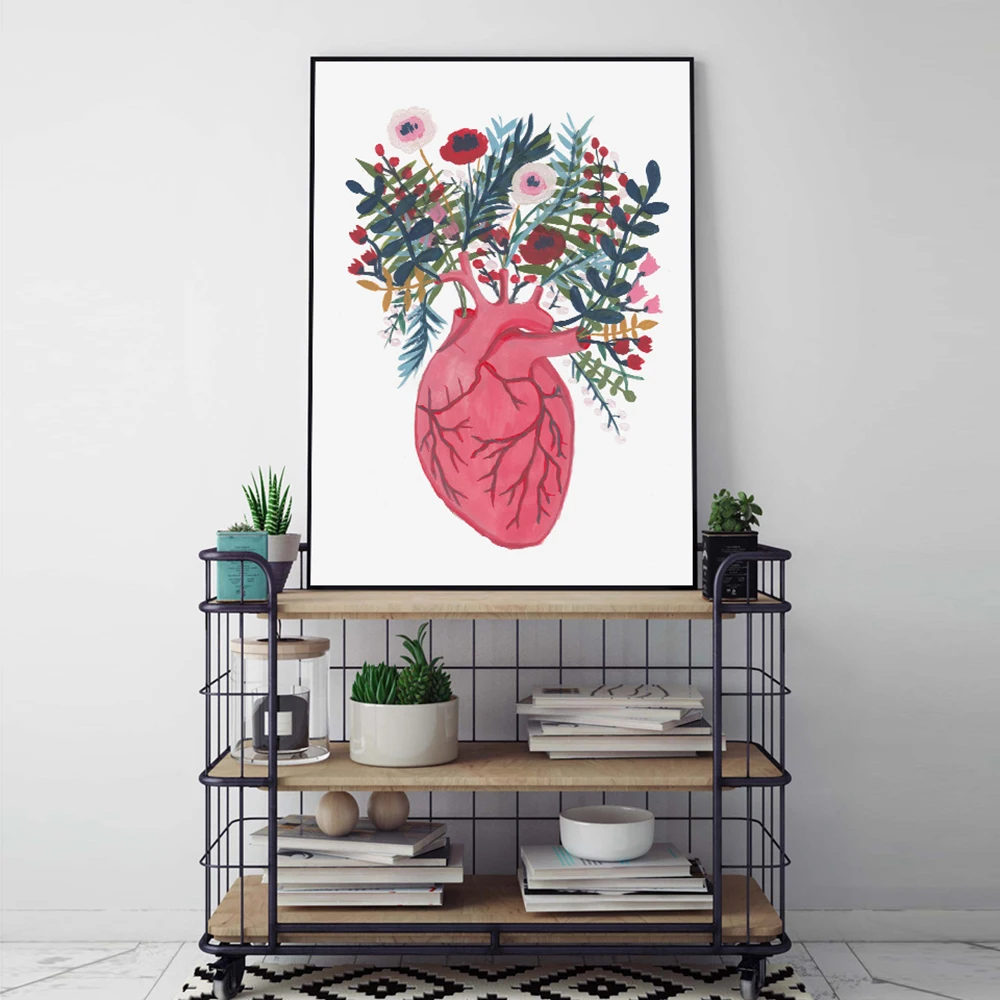 Home Wall Art Pictures Canvas Blooming Heart Anatomical Heart and Flowers Illustration Print Painting Posters For Bedroom Decor