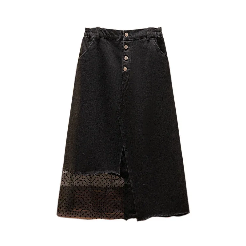 150Kg Plus Size Women\'s Summer Slit Mesh Denim Skirt Loose High Waist Irregular A-line Skirt Black Hip 153 5XL 6XL 7XL 8XL 9XL