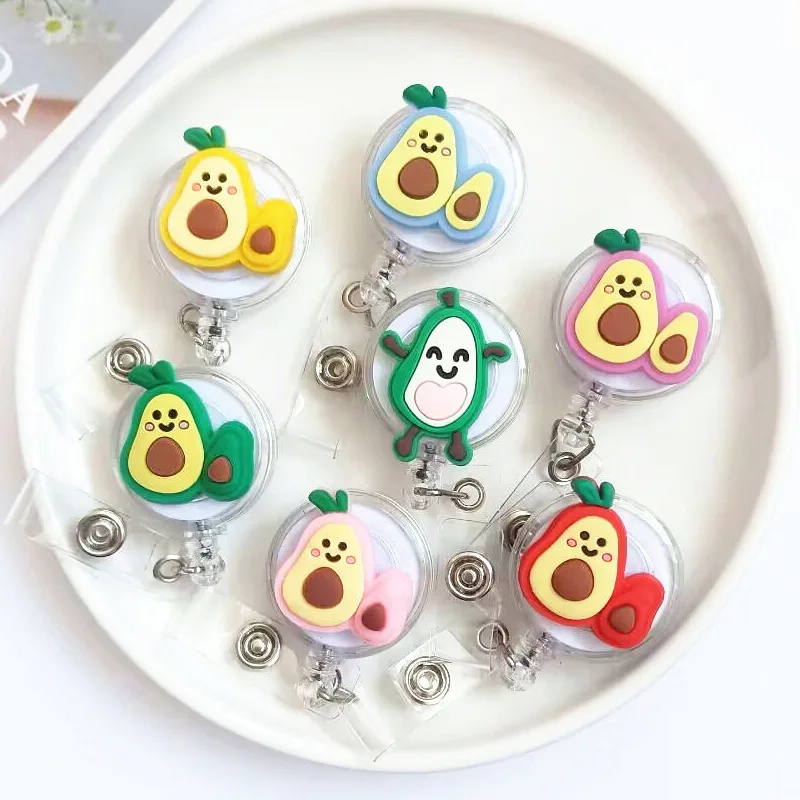 Cute Cartoon Avocado Strawberry Badge Reel Retractable Easy Pull Badge Reels for ID Name Tag Clips Work Pass Card Badge Reel