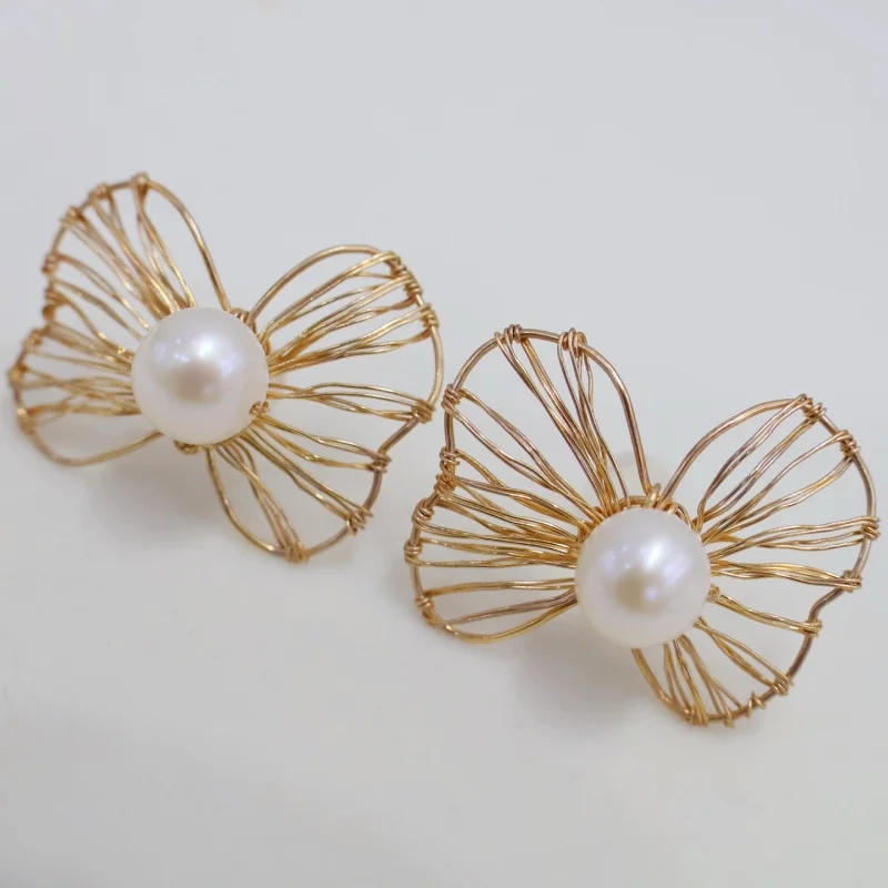 SGARIT New Original Design 7-8mm 14K Gold Filled Flower Earrings Natural Freshwater Pearl Handmade Wire Wrapped Earrings