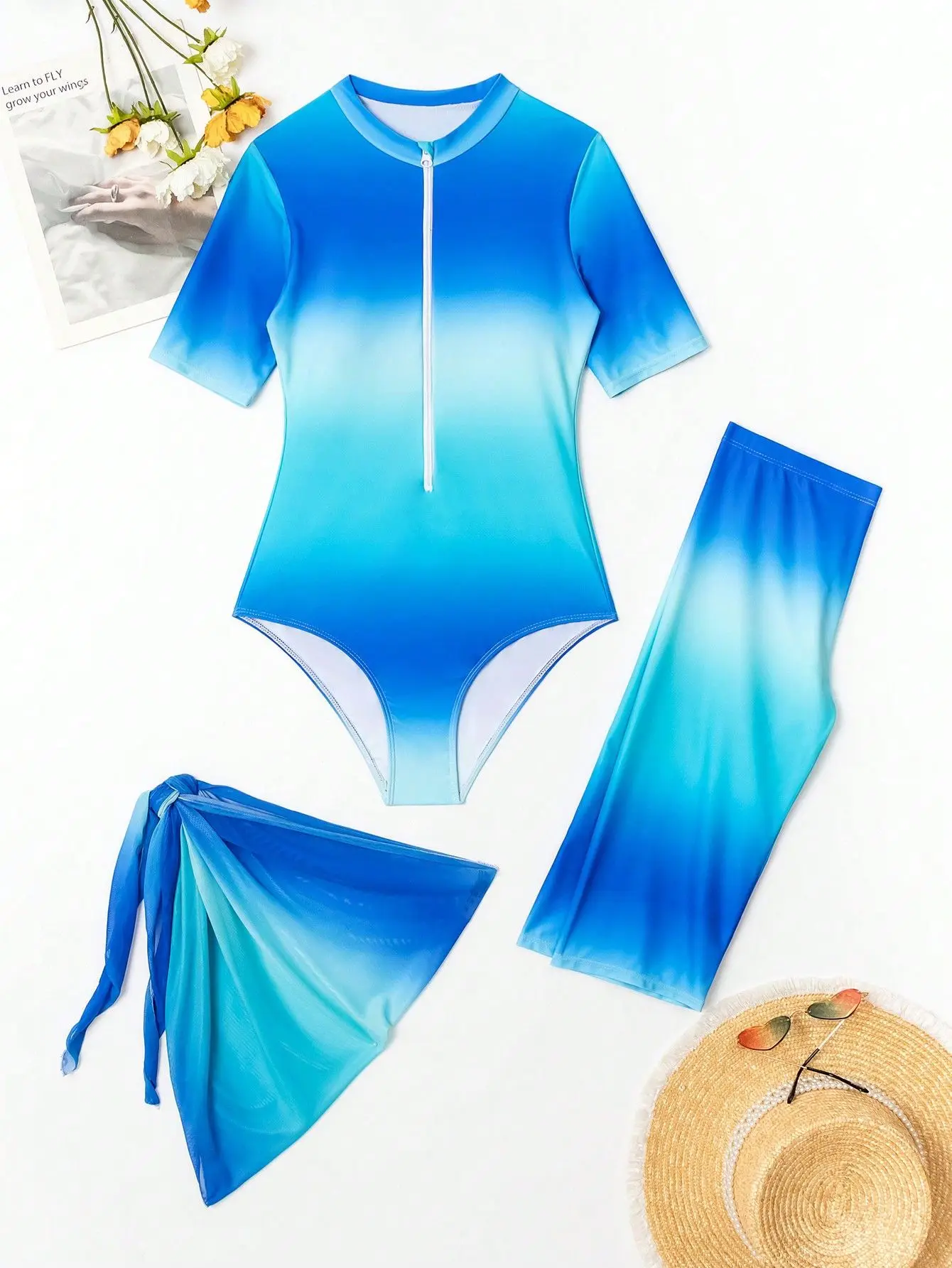 

Комплект из трех предметов: купальник с эффектом омбре, шорты и юбка-парео для пляжа, скромная пляжная одежда с защитой от УФ-излучения