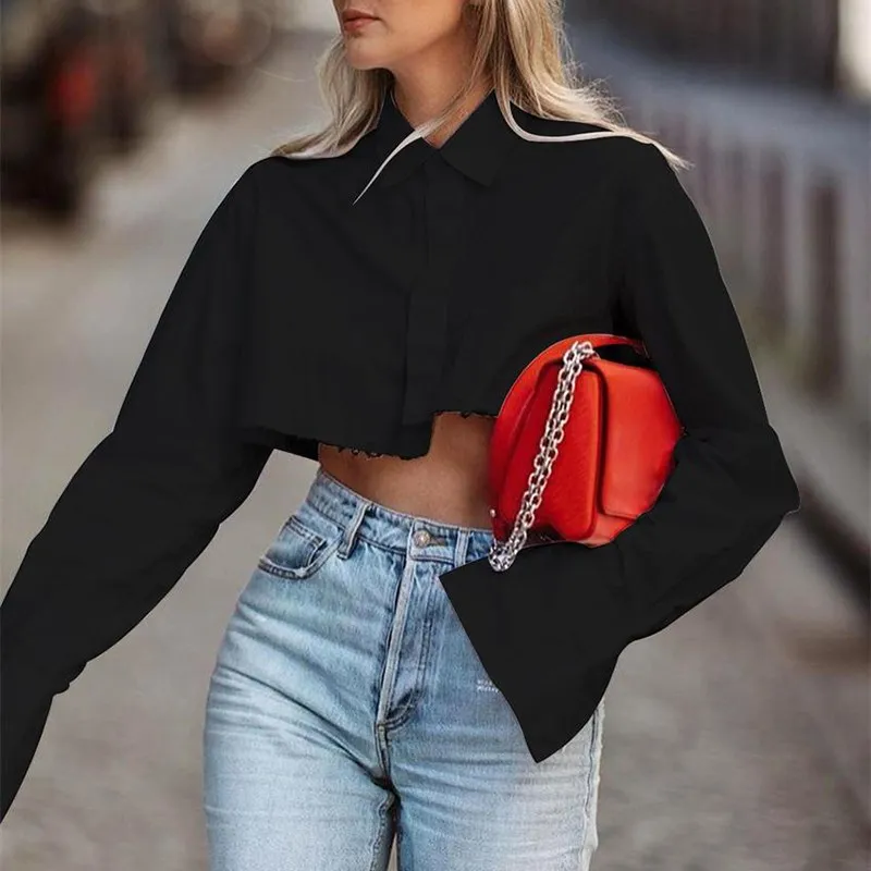 TWOTWINSTYLE Minimalist Shirts For Women Lapel Long Sleeve Short Length Summer Loose Blouse Female Fashion Style Clothing 2023