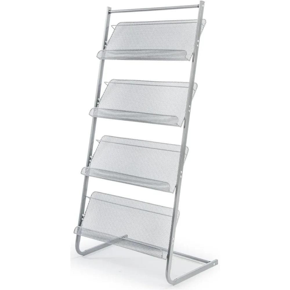 

Magazine Rack for Offices, Stores or Retail, (4) Mesh Shelves, 23.5" x 9" Trays, 50" H (Silver Steel)