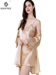 Birdtree 19 Mm Heavy-weight 100% Silk Robe Nightdress Set Home Suit Lace Bedwear Nightgown Women's Homewear Nightwear S37112QM