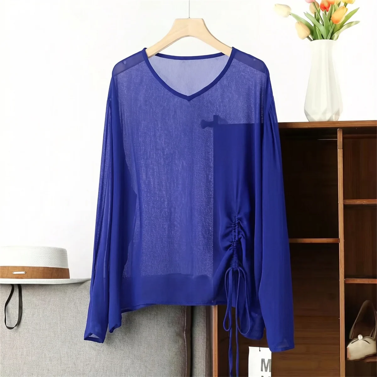 Women's plus Size Chiffon Blouse round Neck Drawstring Sheer Long Sleeve Sexy shirts Loose Casual Vintage Summer Top