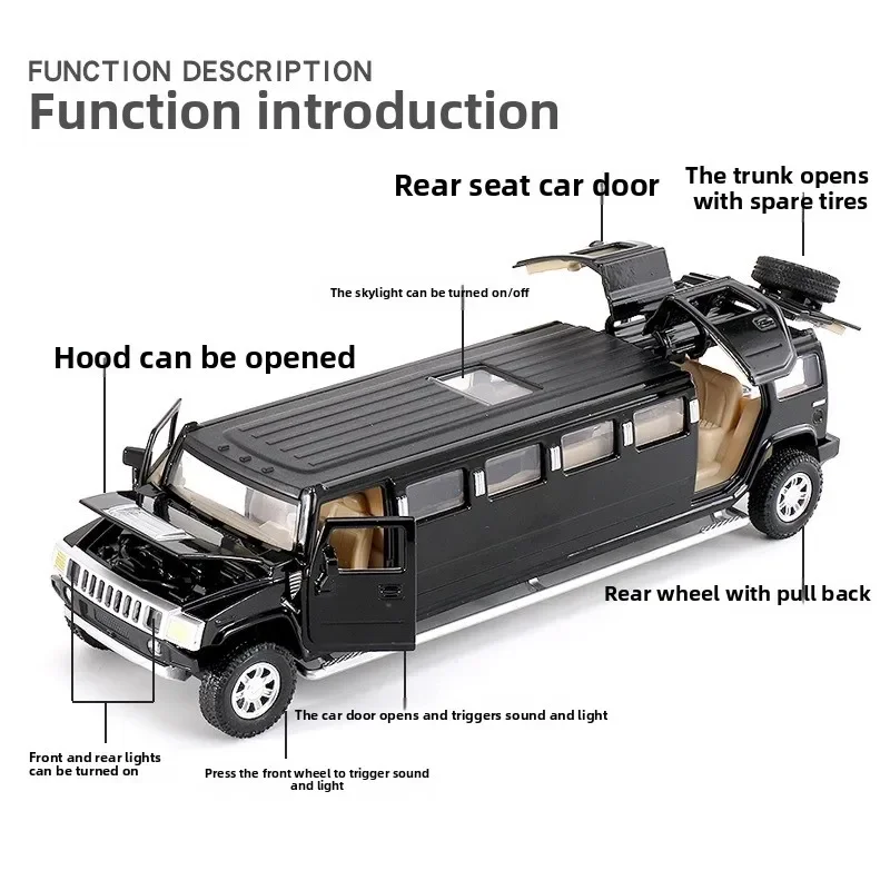 Modelo de coche de aleación de seis puertas, sonido y luz extendida, simulación fundida a presión, 1:32 Hummer Boy, coche de juguete H6, Voiture en miniatura
