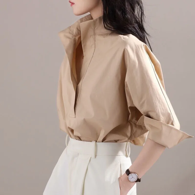 Fashion Stand Collar Solid Color Korean Blouse Women\'s Clothing 2023 Spring New Casual Pullovers All-match Office Lady Shirt