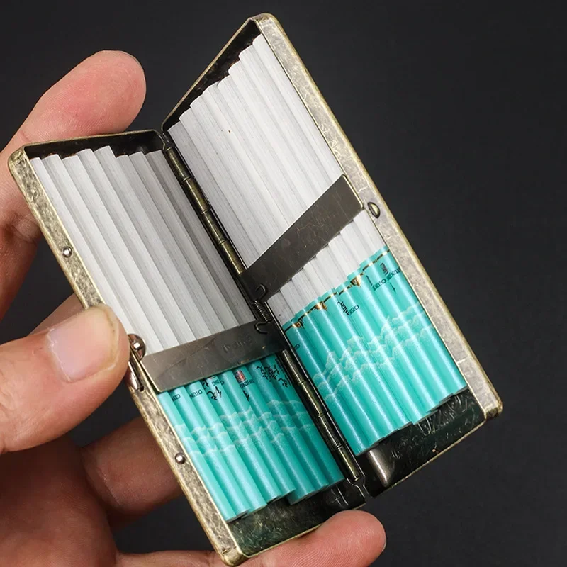 Retro Metal Cigarette Case Box -Double Sided Spring Clip Open Pocket Holder for 14 100mm Cigarettes, Credit Card Holder for Men