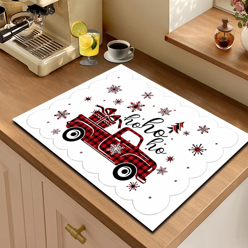 Christmas Kitchen Mat Super Absorbent Dish Drying Mats Carpet Non Slip Coffee Rug Drain Pad Countertop Protector Xmas Room Decor