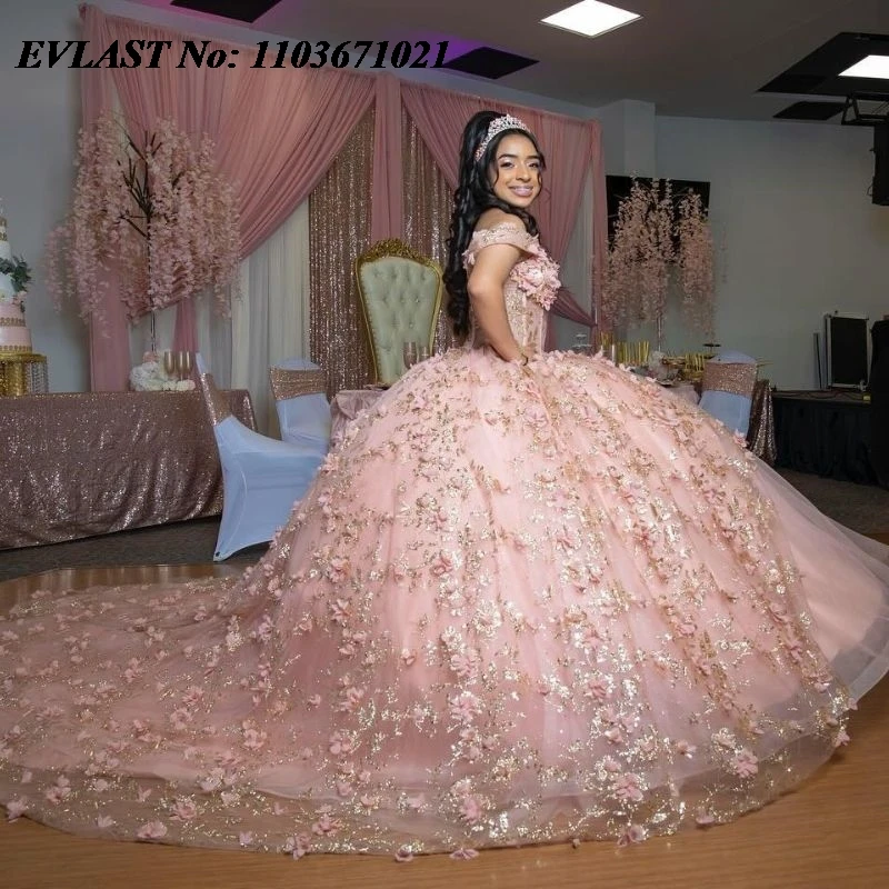 

EVLAST Customized Pink Quinceanera Dress Ball Gown Golden Lace Applique Beading Mexican Sweet 16 Vestidos De XV 15 Anos SQ122