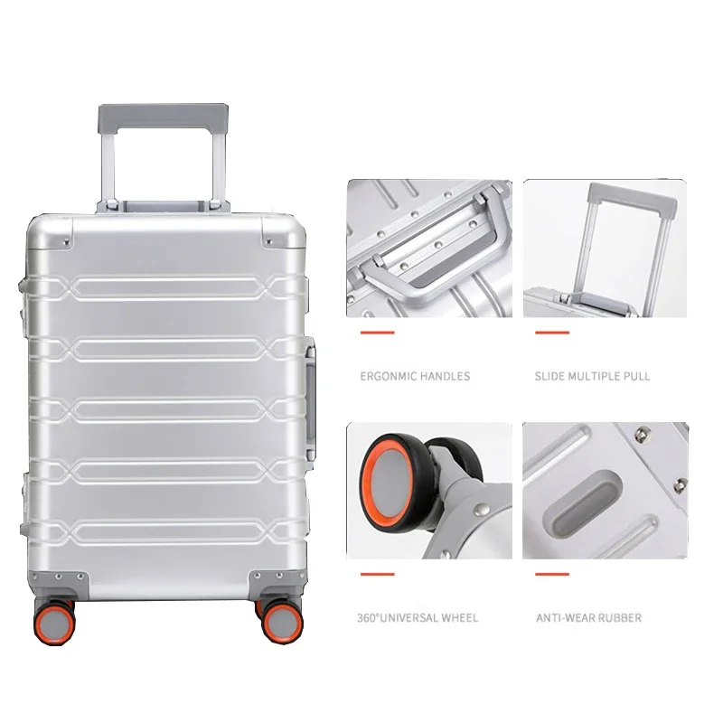 100% อลูมิเนียม-แมกนีเซียมกระเป๋าเดินทางแพคเกจ Solid Rolling Trunk รถเข็นกระเป๋าเดินทาง Carry-On Cabin กระเป๋าเดินทาง 20 24 29 นิ้ว