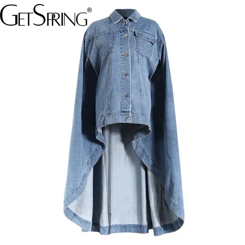 GetSpring Women Denim Jacket 2025 Spring New Single Breasted Asymmetrical Long Denim Coat Fashion All Match Loose Blue Jean Tops