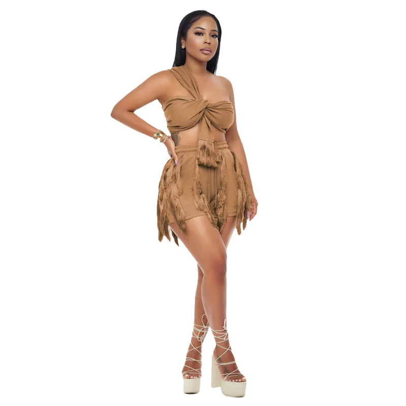 Sexy Tassel Two Piece Sets Women Outfit Party Club Suit Solid Halter Lace Up Crop Top Drawstring Shorts Pants Active Tracksuit