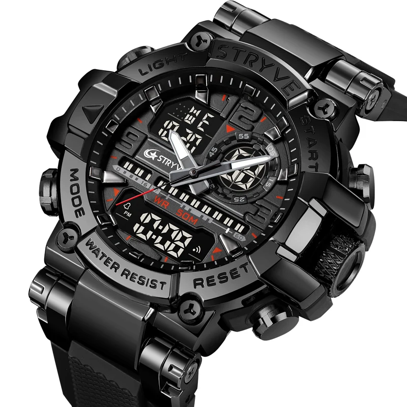 STRYVE 8025 Uhr für Herren Luxus Sport 5ATM Wasserdichte Uhr Hochwertiges Silikonarmband Doppel-Uhrwerk Multifunktionale Herrenuhr