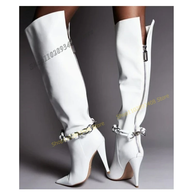 White Metal Chain Decor Over the Knee Boots Cone Heel Pointed Toe Design Women Shoes 2023 New Fashion Sexy Zapatos Para Mujere