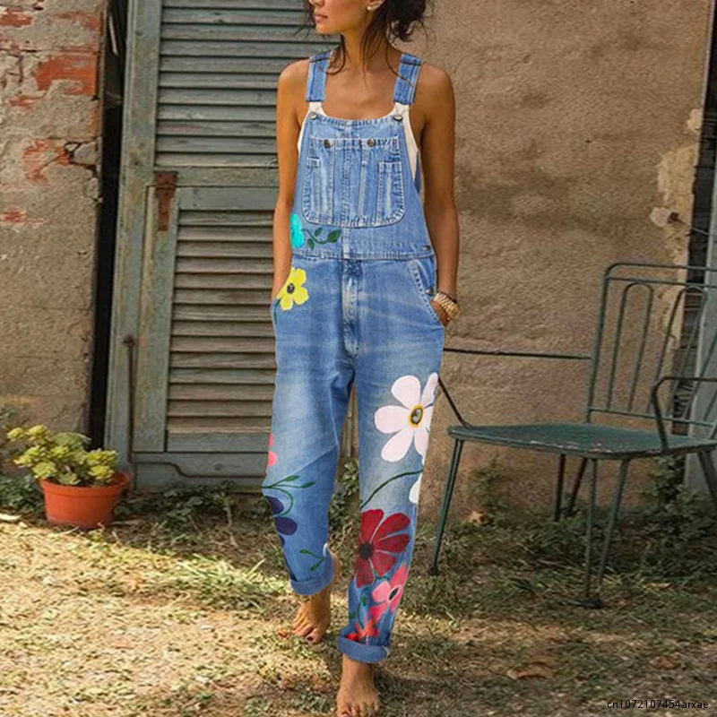 Women's jean overalls slacks 2023 fashion print vintage mommy coveralls ripped sleeveless suspenders women's jean pants