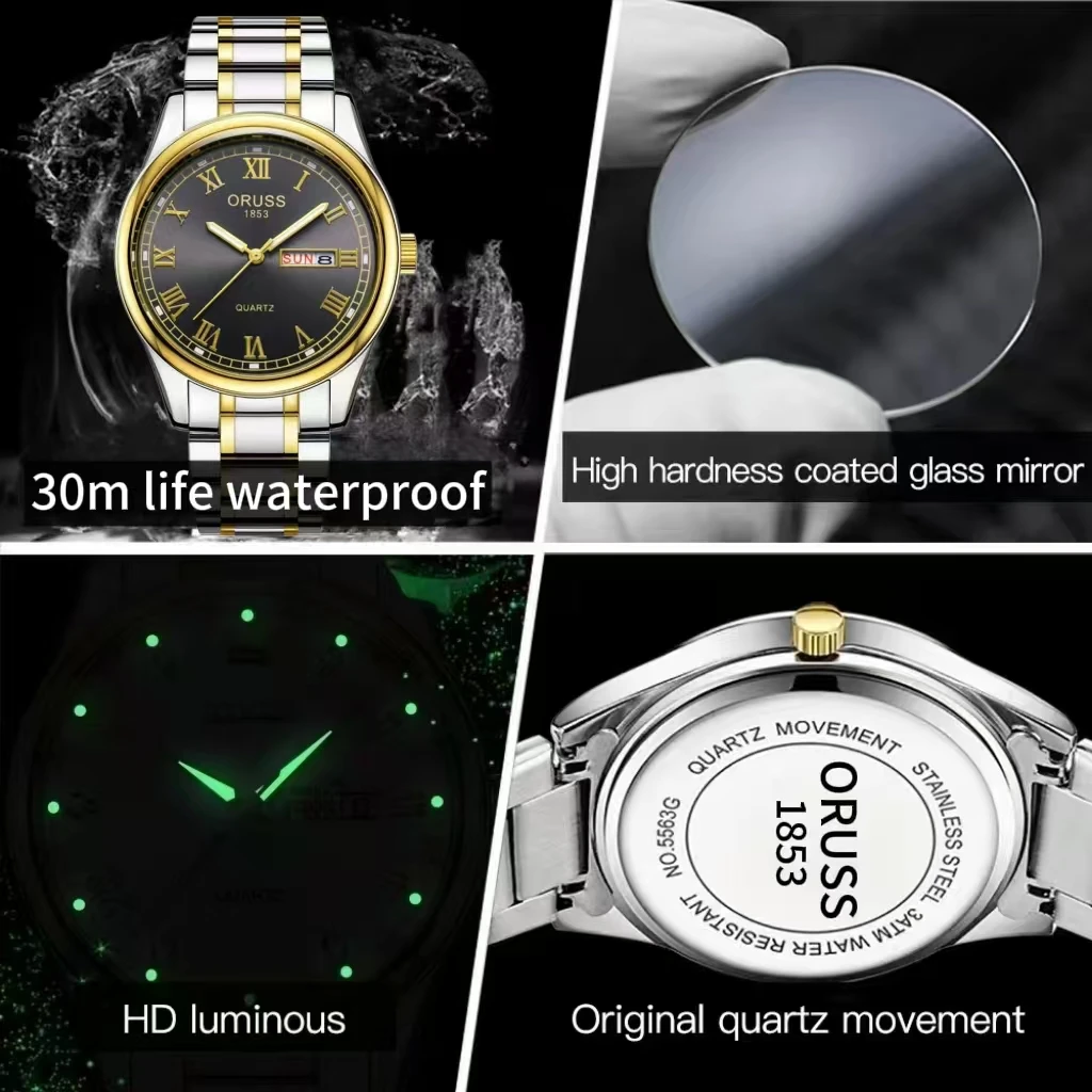 ORUSS الأصلي الفاخرة كوارتز ساعة مضيئة ساعة رجالي للرجال Freeshiping موضة ساعات المعصم الفولاذ المقاوم للصدأ مقاوم للماء جديد