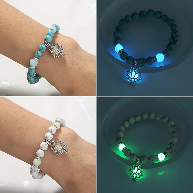 

Turquoise Stone Bead Bracelet Luminous Glowing In The Dark Bracelet Lotus Charm Beads Bracelet Wholesale