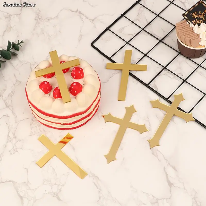 5pcs 5 Styles Acrylic Cross Gold Topper First Communion Minimalist Cake Insert For Birthday Party Cake Decoration Supplies