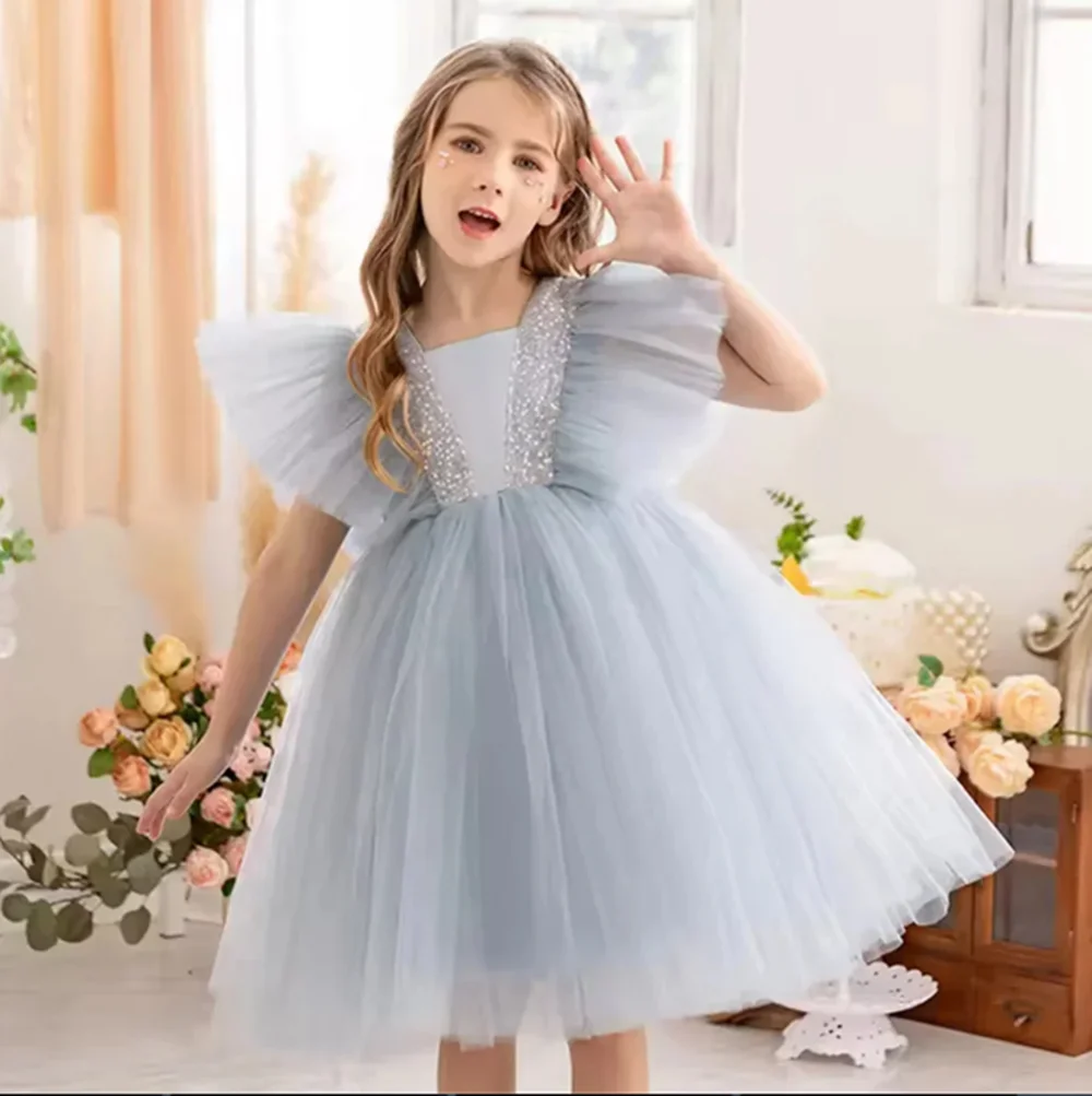 Customized Puffy Flower Girl Dresses For Wedding Knee Length With Bow Simple Princess Birthday Party First Communion Ball Gown