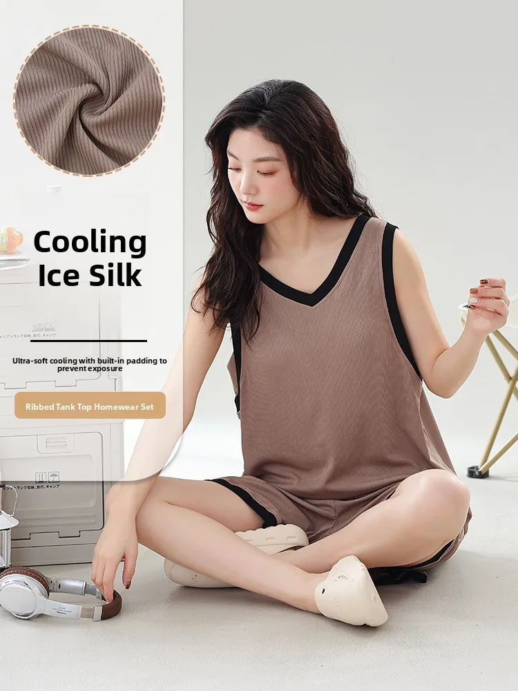 Conjunto de Roupa de Casa Fena de Verão, Sensação Refrescante, Csola Sem Mangas de Seda Gelada, com Bojo Inteado, Fi...
