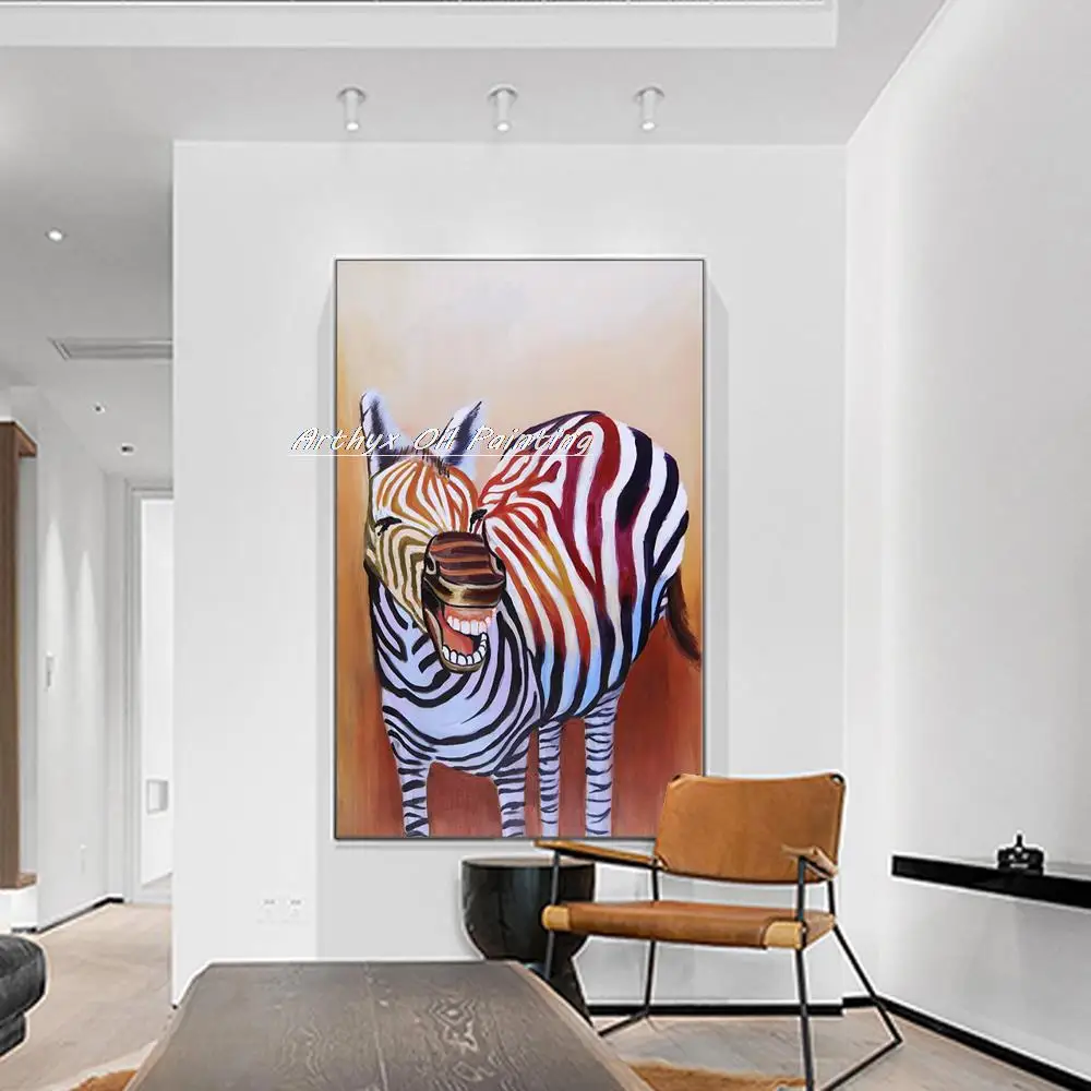 Arthyx Handpainted A Zebra Oil Paintings On Canvas,Handmade Modern Abstract Animal Pop Art Wall Picture For Kids Room,Home Decor