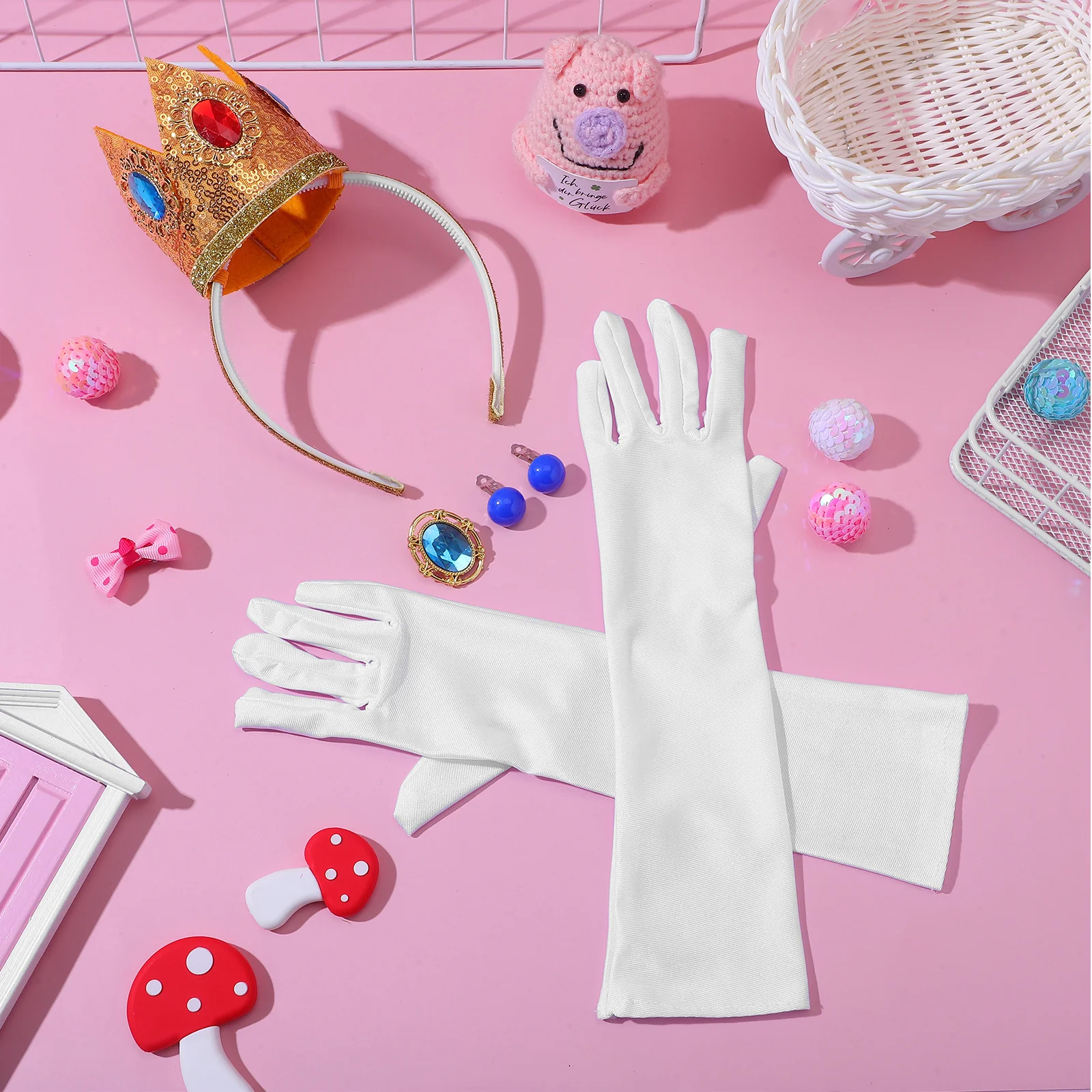 1 세트 여성 소녀 공주 의상 액세서리 크라운 헤어 후프 귀걸이 장갑 브로치 코스프레 생일을위한 경량 휴대용