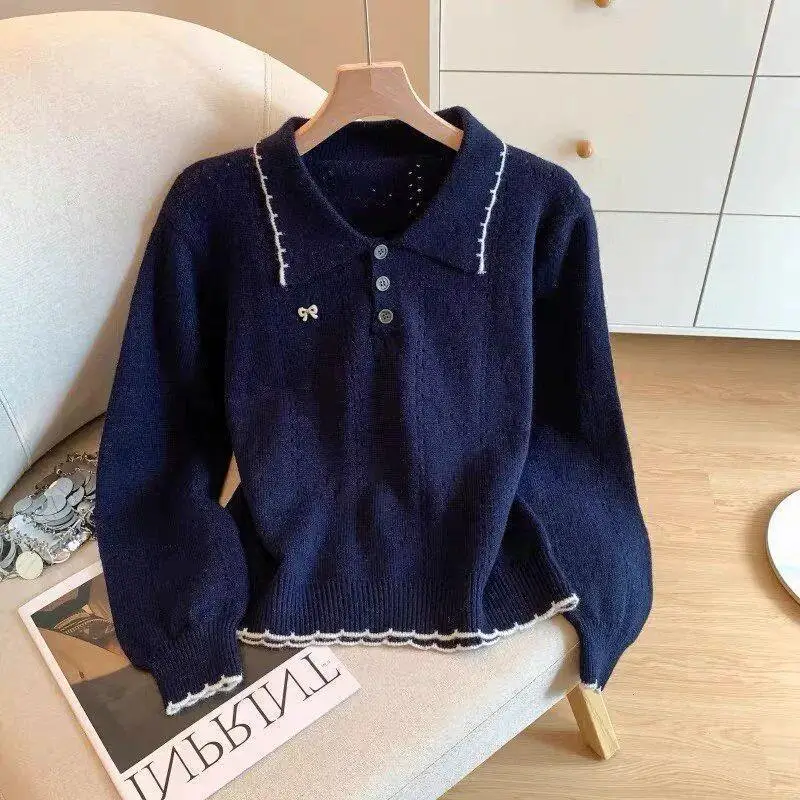 เสื้อสเวตเตอร์คอปกสีตัดกัน สไตล์เรโทรคลาสสิก หรูหราเบาๆ ใส่สบายๆ สำหรับกิจกรรมกลางแจ้ง ใช้ได้ทุกวัน ทรงหลวม ดูสดใส น่ารัก และมีเอกลักษณ์