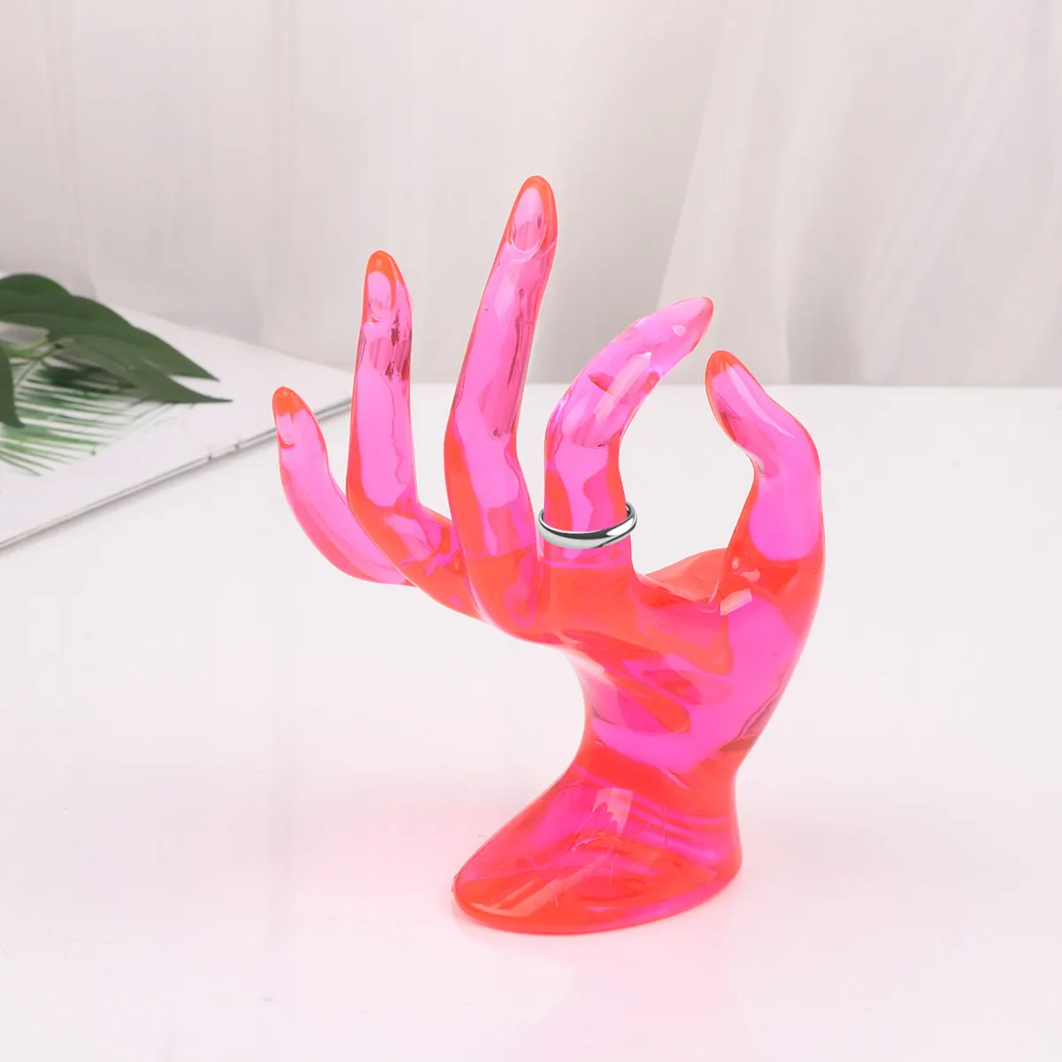 

Pink Lightweight Plastic Ring Display Stand Hand Mold 3D Ok-Shape Jewelry Holder for Home Organization Travel Vendors Ring Stand