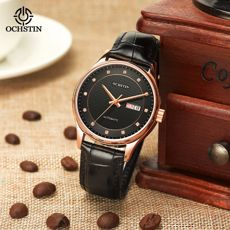 OCHSTIN Male Business Casual Mechanical Wristwatch Comfortable Genuine Leather Strap Waterproof Automatic Gifts Men Watch