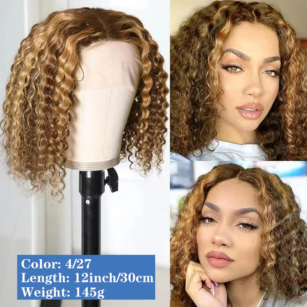 Onda profunda peruca de cabelo encaracolado Bob, cabelo brasileiro, cor escura preta, peruca dianteira do laço elegante, Remy transparente, P4, 27 destaque