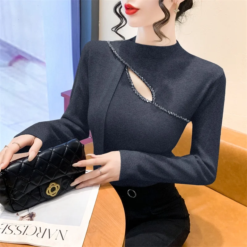 Ele oco para fora malhas feminino f gola alta sa camisola emagrecimento camada base outono inverno topo faion design