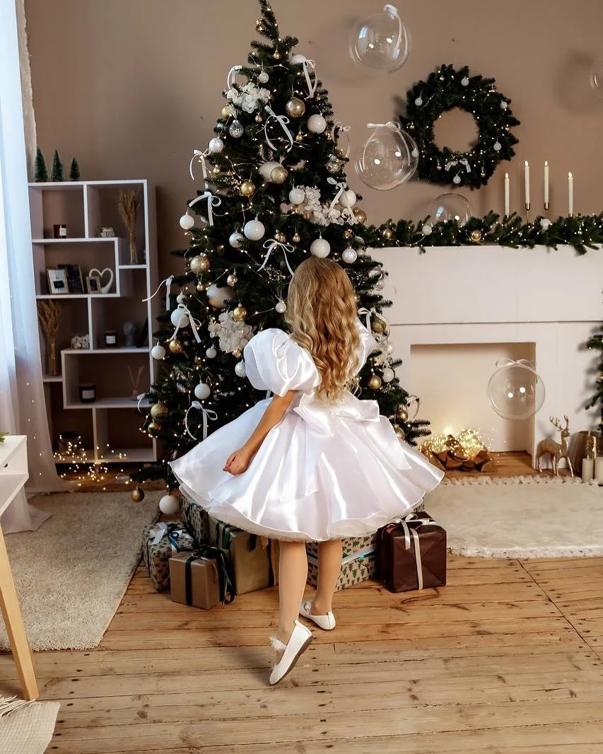 فستان عيد الميلاد الأبيض للأطفال الصغار بطول الركبة قصير للحفلات الراقصة للأطفال مناسبة خاصة فستان فتاة الزهور