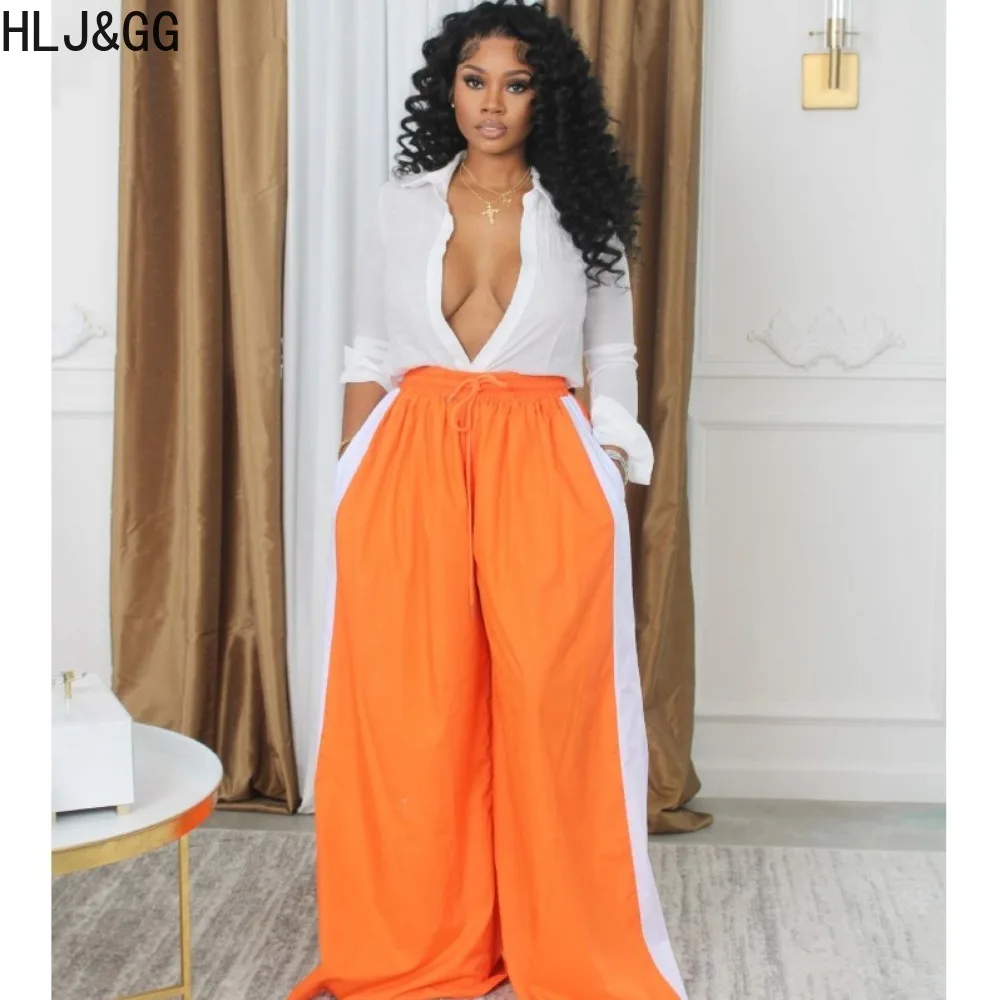 

HLJ&GG Fashion Stripe Stitching Loose Wide Leg Pants Women Elastic High Waist Drawstring Pocket Straight Trousers Casual Bottoms