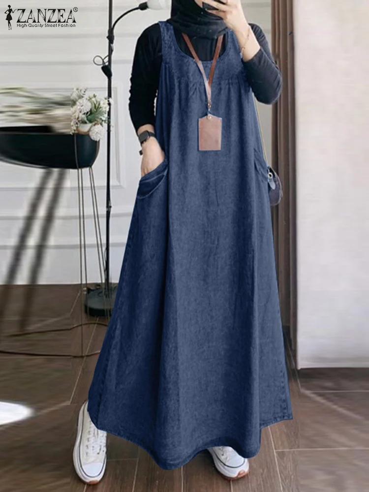 2024 ZANZEA Fashion Denim Blue Overalls Dress Summer Women Sleeveless Casual Loose Sundress Sarafans Solid Muslim Abaya Vestido