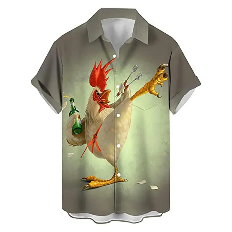 Heren Casual Button-Down Shirts Casual Button Down Shirt Grappig Hanenpatroon Shirt Met Abstracte Print Voor Vakantiewerk Strandfeest