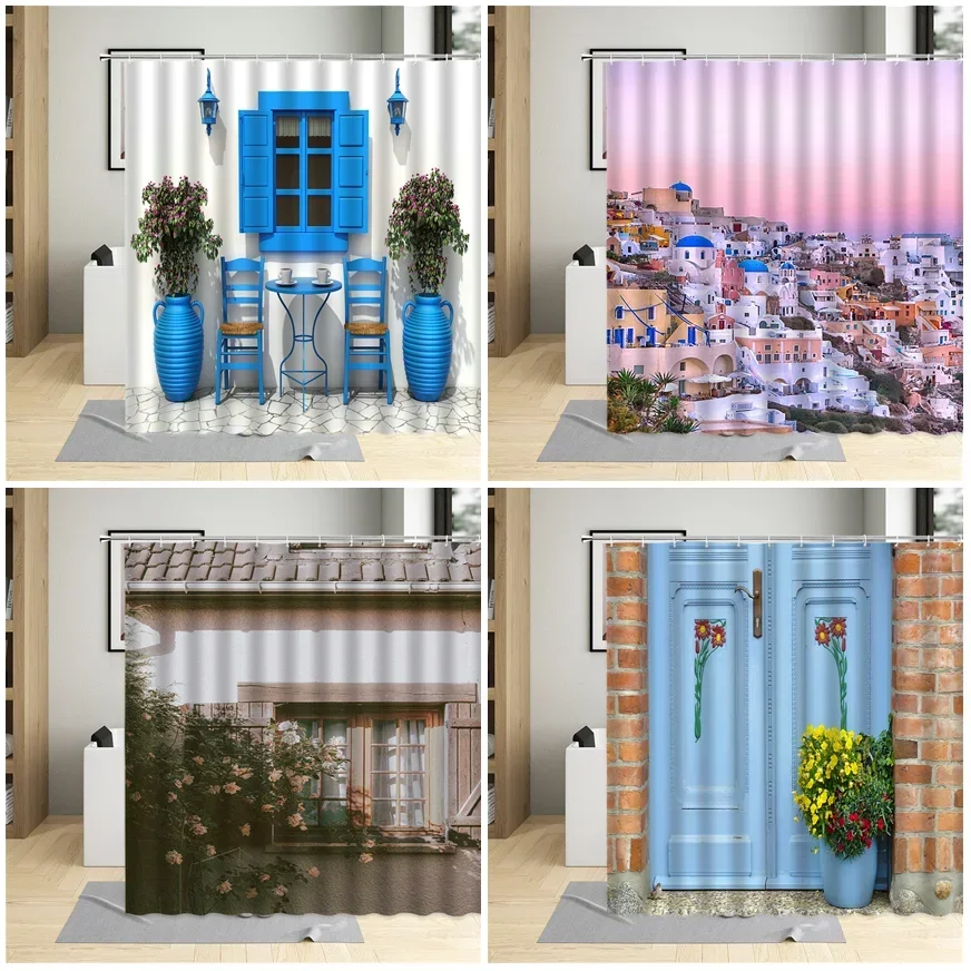 Greek Architecture Town Street View Shower Curtain Flower Window Door Bath Curtains Santorini Bathroom Decor Fabric With Hooks