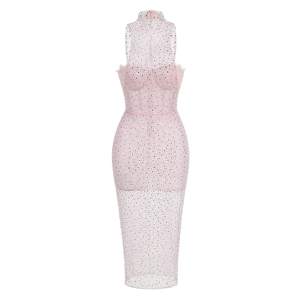 2024 Women Summer Sexy Light Pink See Through Beading Knee Length Bodycon Party Dress Korean Fashion One Piece Gala Gowns