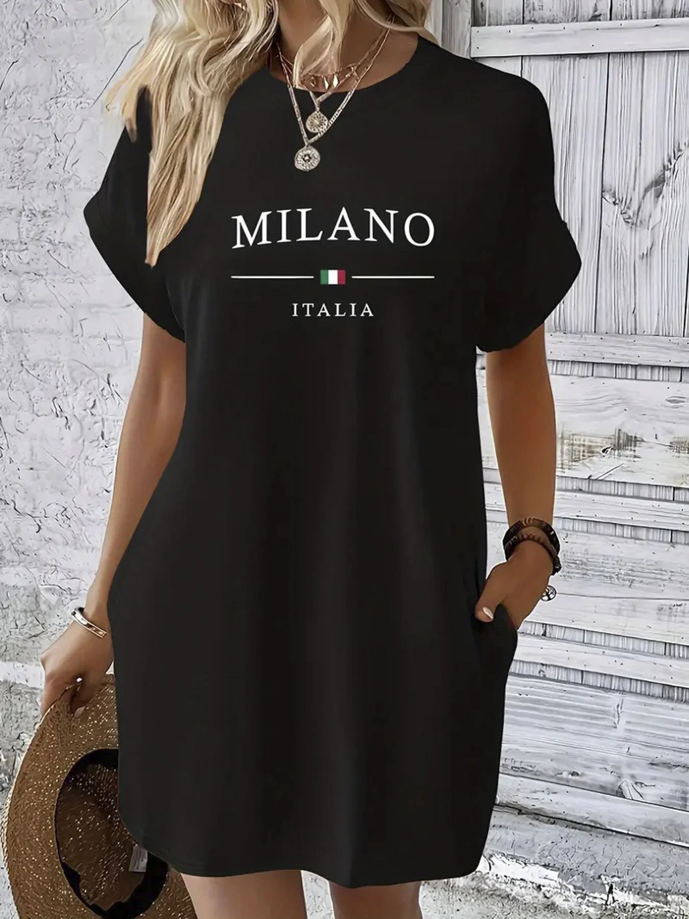 Robe t-shirt décontractée en tricot pour femmes, avec lettres MILANO imprimées, col rond, manches courtes, haut à la mode, noir avec motif de drapeau coloré