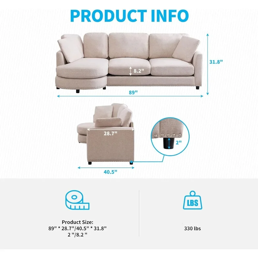 Cloud Couch, 3-Seat LivingRoom Minimalist Style Sectional Sofa， Linen Fabric L Shaped Sofa Couch with Chaise for ApartmentOffice