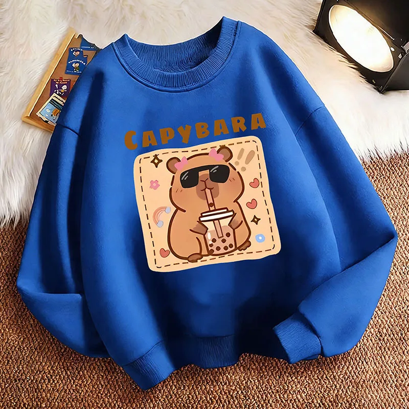 Funny Capybara Drinking Juice Children's Pullover Hoodie Sweatshirt Cute Hoody for Boys Girls Autumn Spring Casual Hoodies