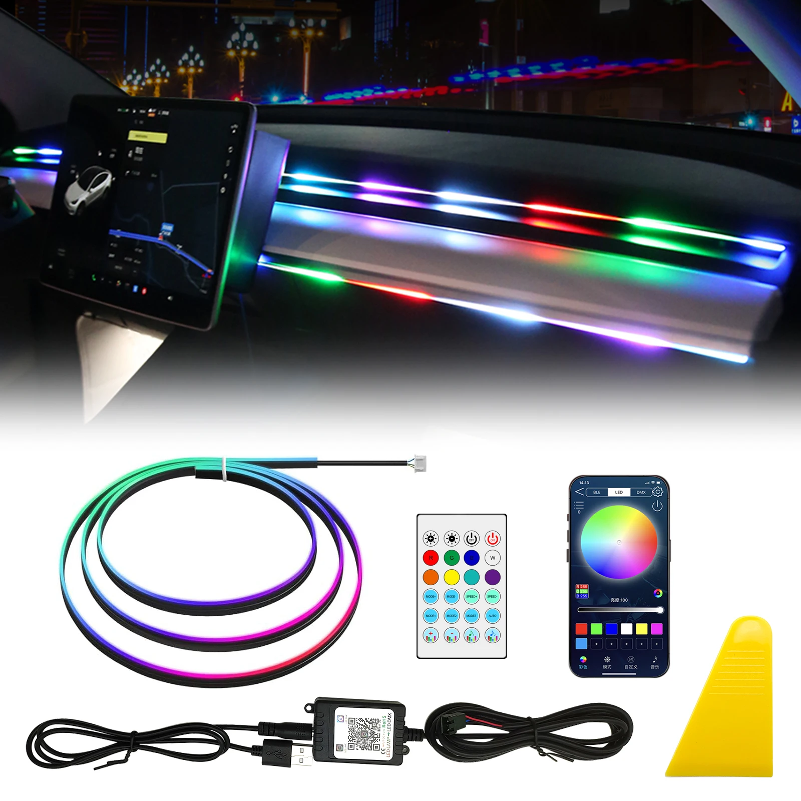 

Fenikso led Atmosphere lamp ambient light car led interior lights Mood light RGB 64 Colors Acrylic Guide Fiber Strip 110cm,1pc.