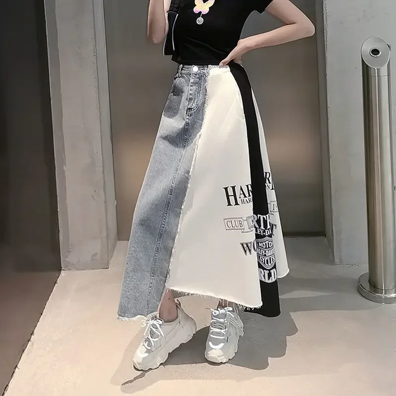 Spring Autumn New Fashion Skirts Women Korean Loose Letter Printing Denim Skirt High Waist Mid-length Skirt