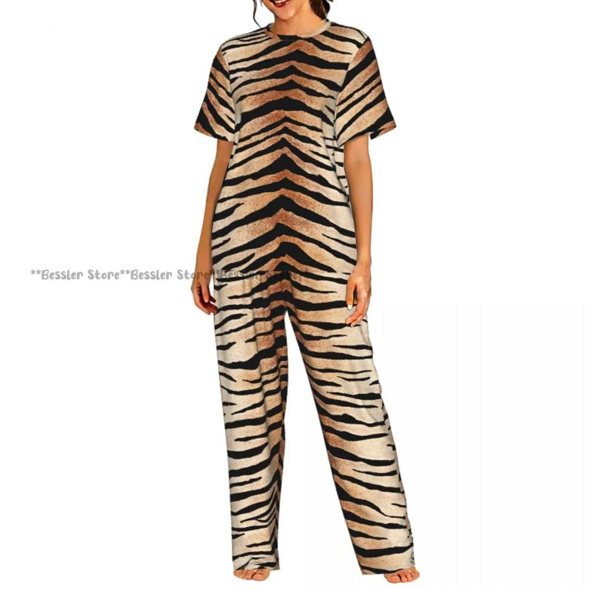 

Женский комплект пижамы с короткими рукавами и брюками с тигровым принтом, повседневный стиль
