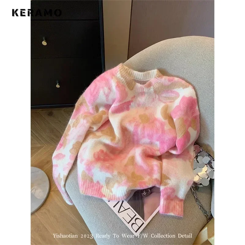 2024 Winter Sweet Casual Elegant Knitting Long Sleeve Pullovers Korean Fashion Women Floral Print Round Neck Ladies Sweater