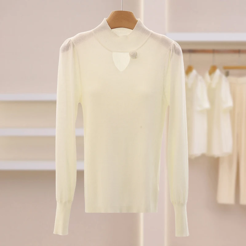 

Yao Recommended Half High Collar Hollow out Slim Fit Knitted Sweater Spring Women's Fashion Commute Style Pure Color Knitwear