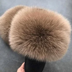Women's Summer Flat Slippers Genuine Fox Fur Slippers Women's Thick Hair Slippers Non-slip Indoor Slippers Silver Sole