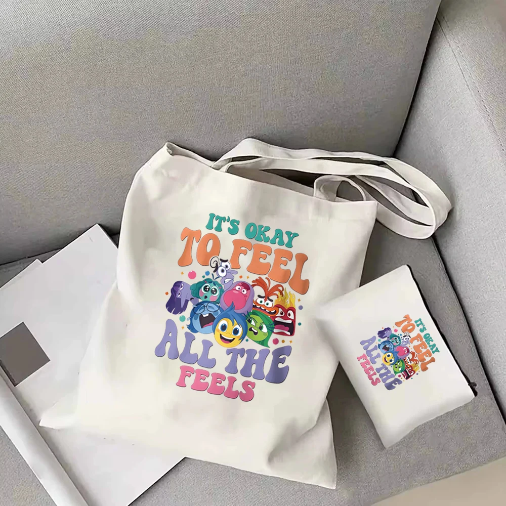 Inside Out 2 tote bag It's Okay To Feel All The Feels shoulder bag Disney trip stylish canvas bag Mental Health tote bag