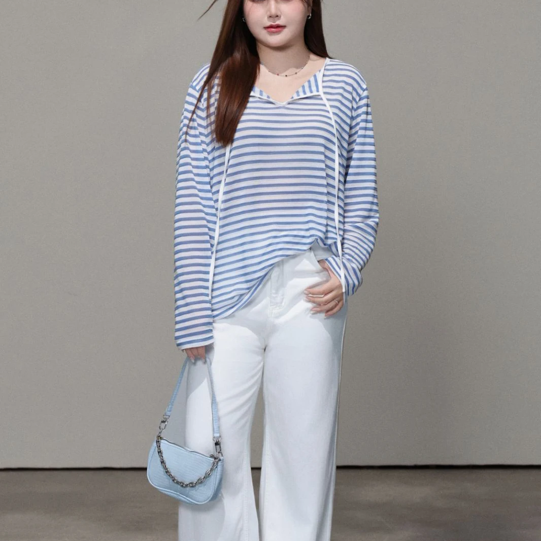 

Модная женская футболка больших размеров из премиального натурального смесового рами, свободного кроя, в полоску, вязаная, с защитой от солнца, для выходных и отпуска