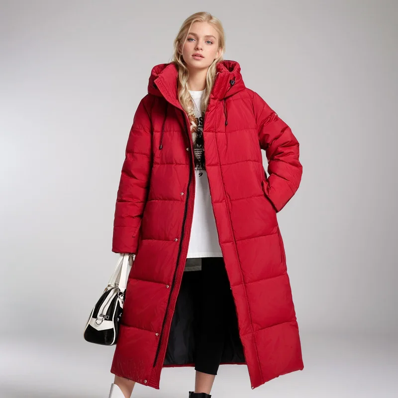 

Female's Winter Parka Jacket Solid Single Breasted Windproof Hooded Pockets Lady's Quilted Jacket Long Minimalist Top For Women